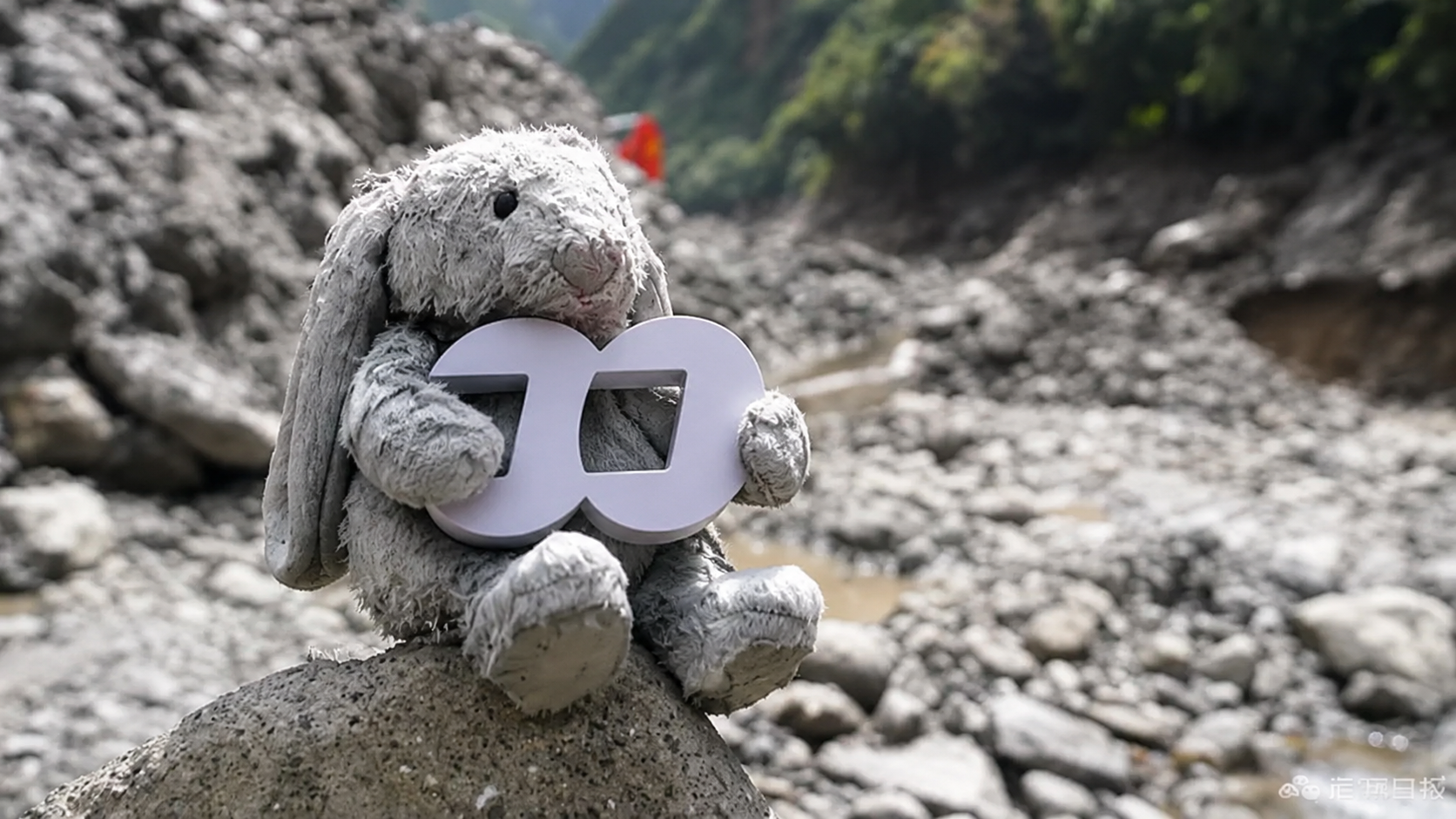 A plush bunny in a rocky riverbed holding a white logo